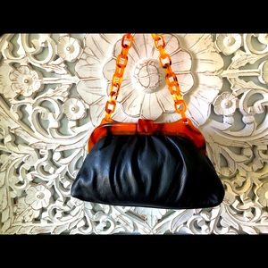 Stunning Vintage Tortoise  Shell Black Leather Bag!